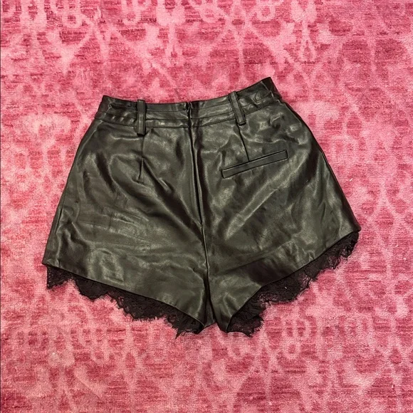 Self-Portrait Black Faux Leather Shorts with Lace Detail - Picture 4 of 5